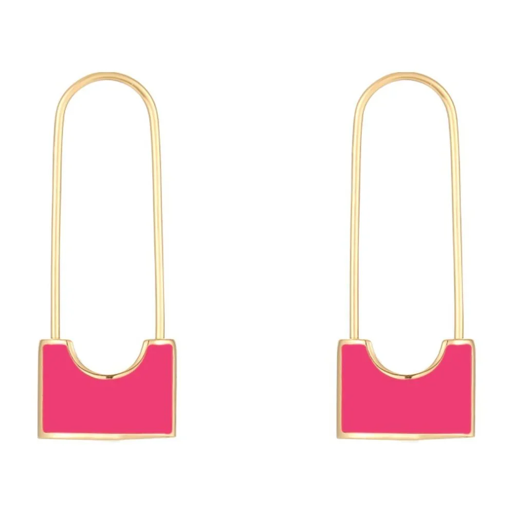 Pink Safety Pin Lock Dangle Earrings 18k Gold Stainless Steel - Picture 4 of 7